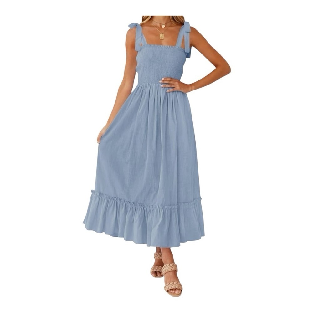 Blue Ruffled Smocked Midi Sundress